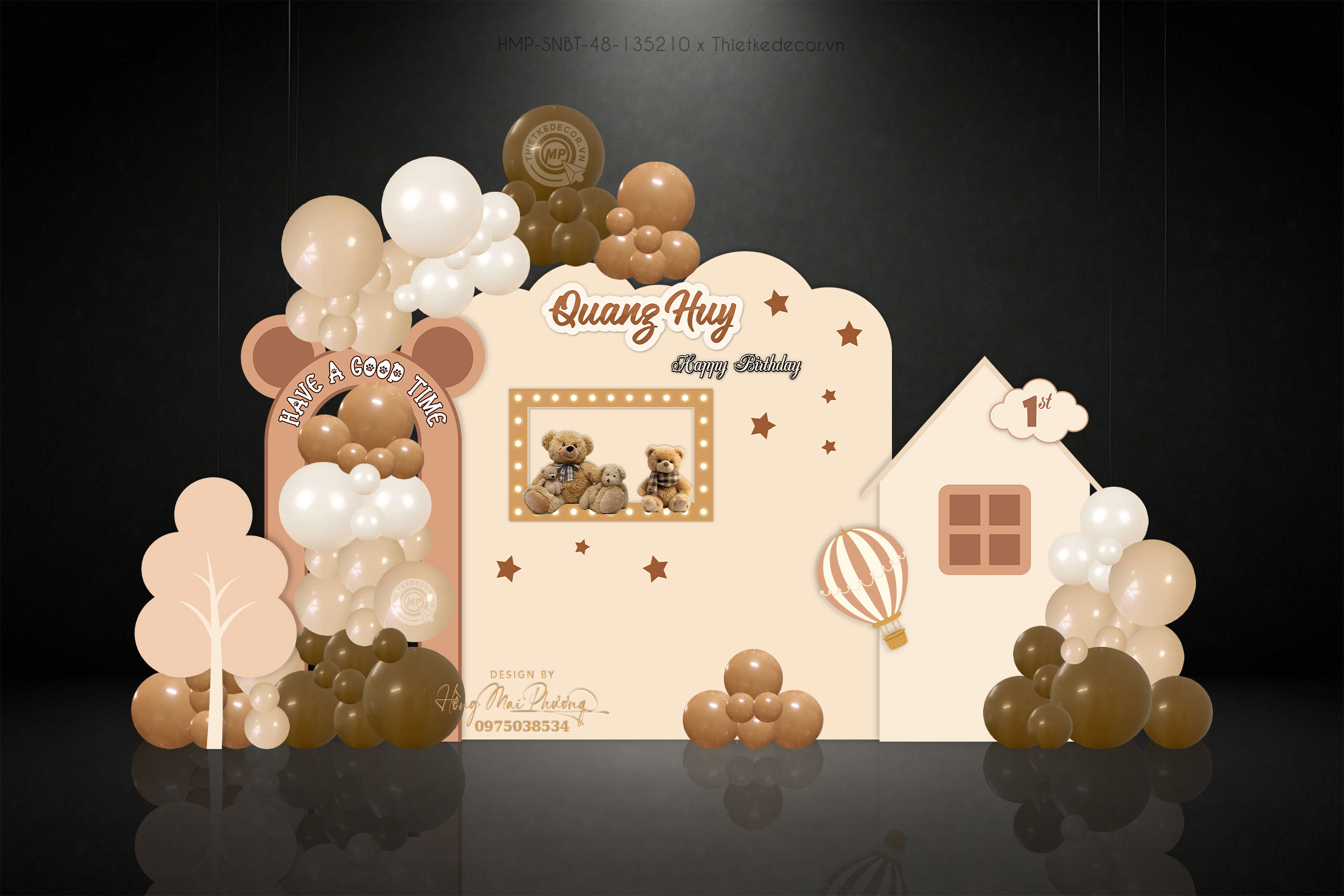 Sinh nhật bé trai tone kem, nâu tây - Ngôi nhà và khinh khí cầu